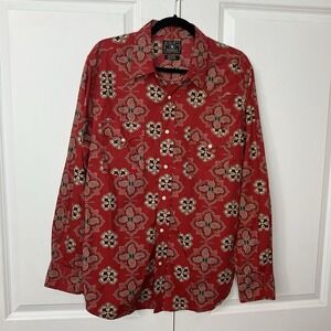 Lucky Brand Button Up Shirt Mens L Red Western Paisley Pearl Snap Rodeo Stampede